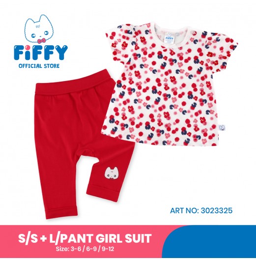 FIFFY RED PETALS FLOWER SHORT SLEEVE + LONG PANT GIRL SUIT