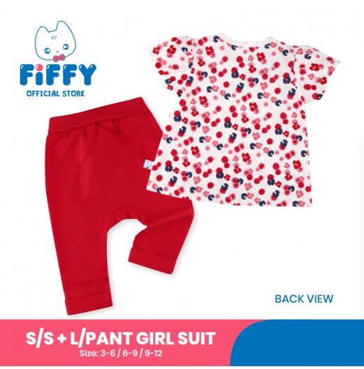 FIFFY RED PETALS FLOWER SHORT SLEEVE + LONG PANT GIRL SUIT