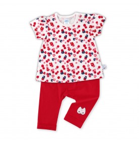 FIFFY RED PETALS FLOWER SHORT SLEEVE + LONG PANT GIRL SUIT