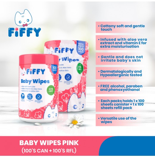Baby Wipes - FIFFY BABY WIPES PINK 100 S CAN + 100 S REFILL