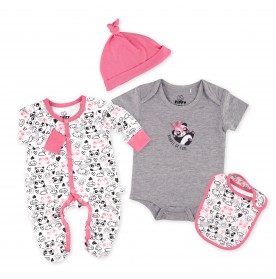 FIFFY PINK RIBBON PANDA 4 IN 1 GIRL ROMPER SET